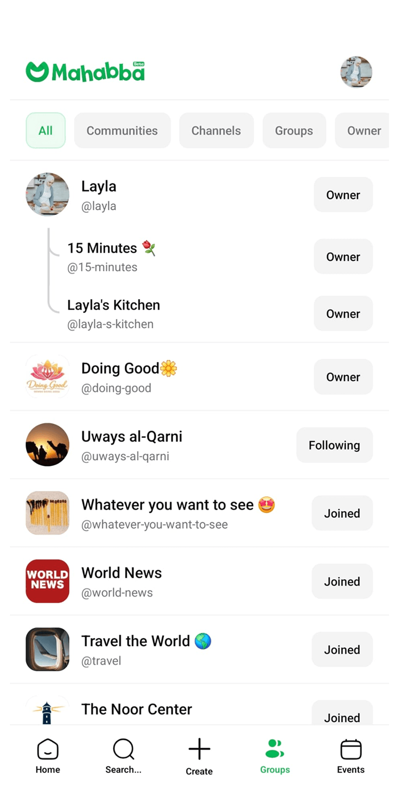 Mahabba communities screen — your groups and channels